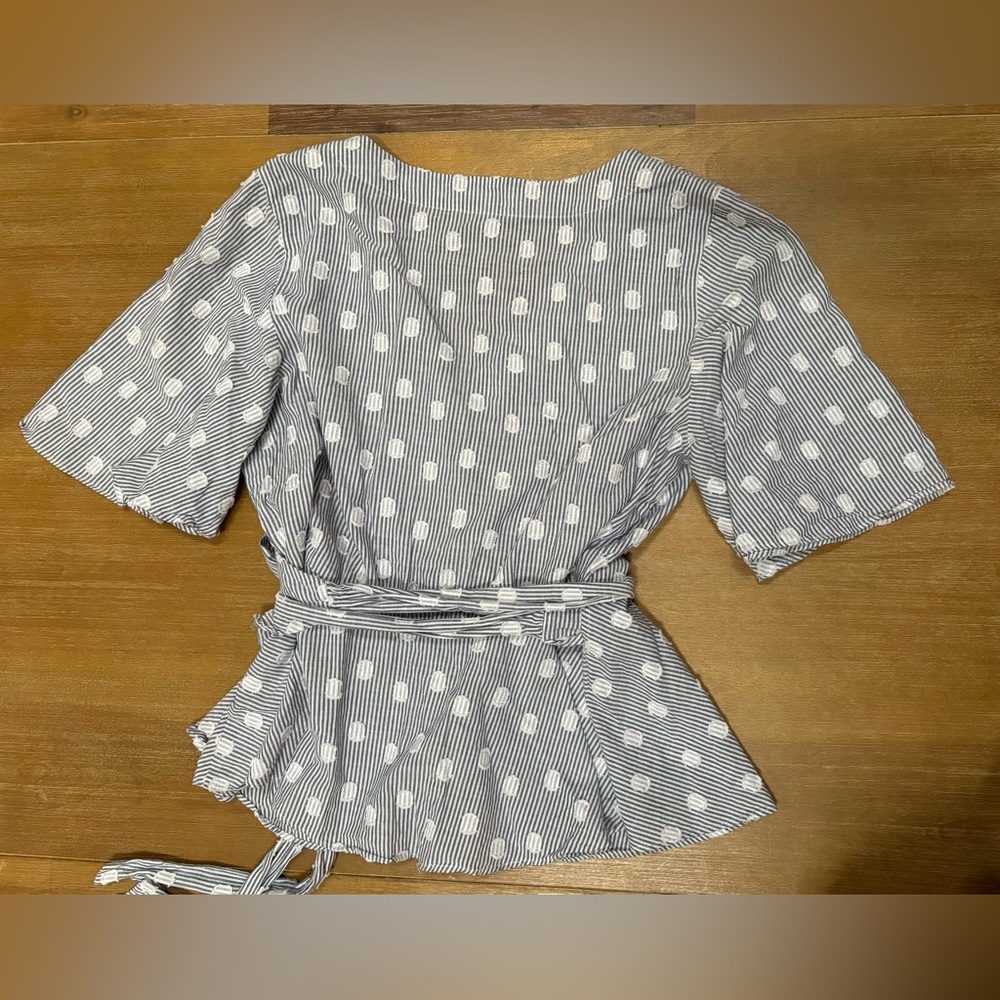 LOFT Striped Blue and White Wrap Blouse - Picture 2 of 8